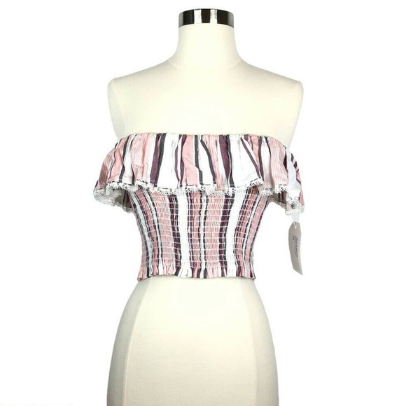 NEW Blue Life Patti Tube Top Apricot Pink Striped Ruffle Smocked - Picture 1 of 8